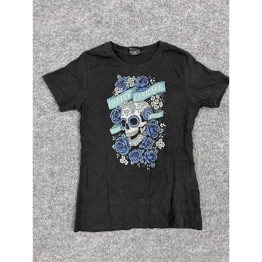 Harley Davidson T-Shirt Womens Size L Black Skull Rose Graphic Rhinestone Faded